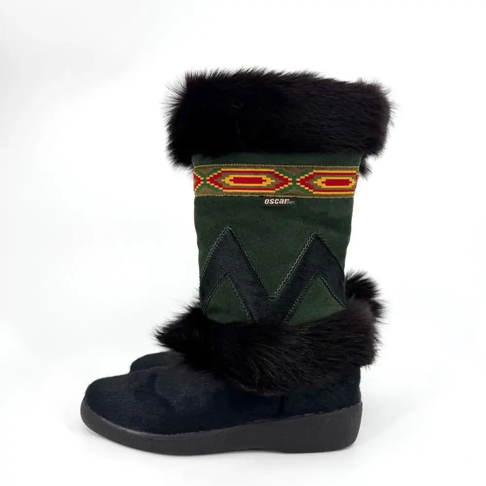 Vintage 90s Oscar Sport Green Suede Fur Trim Mukluk Boots